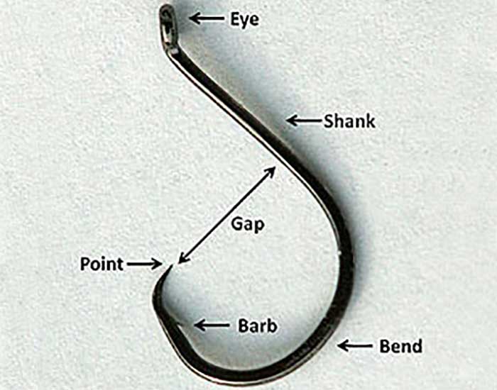 A circle hook. The top of the hook has an eye that connects to a string. It is bent in a hook shape with a point at the end.